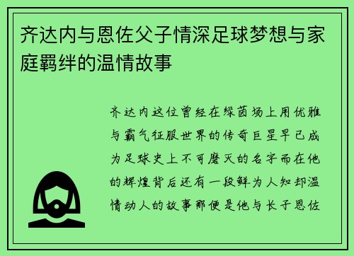 齐达内与恩佐父子情深足球梦想与家庭羁绊的温情故事